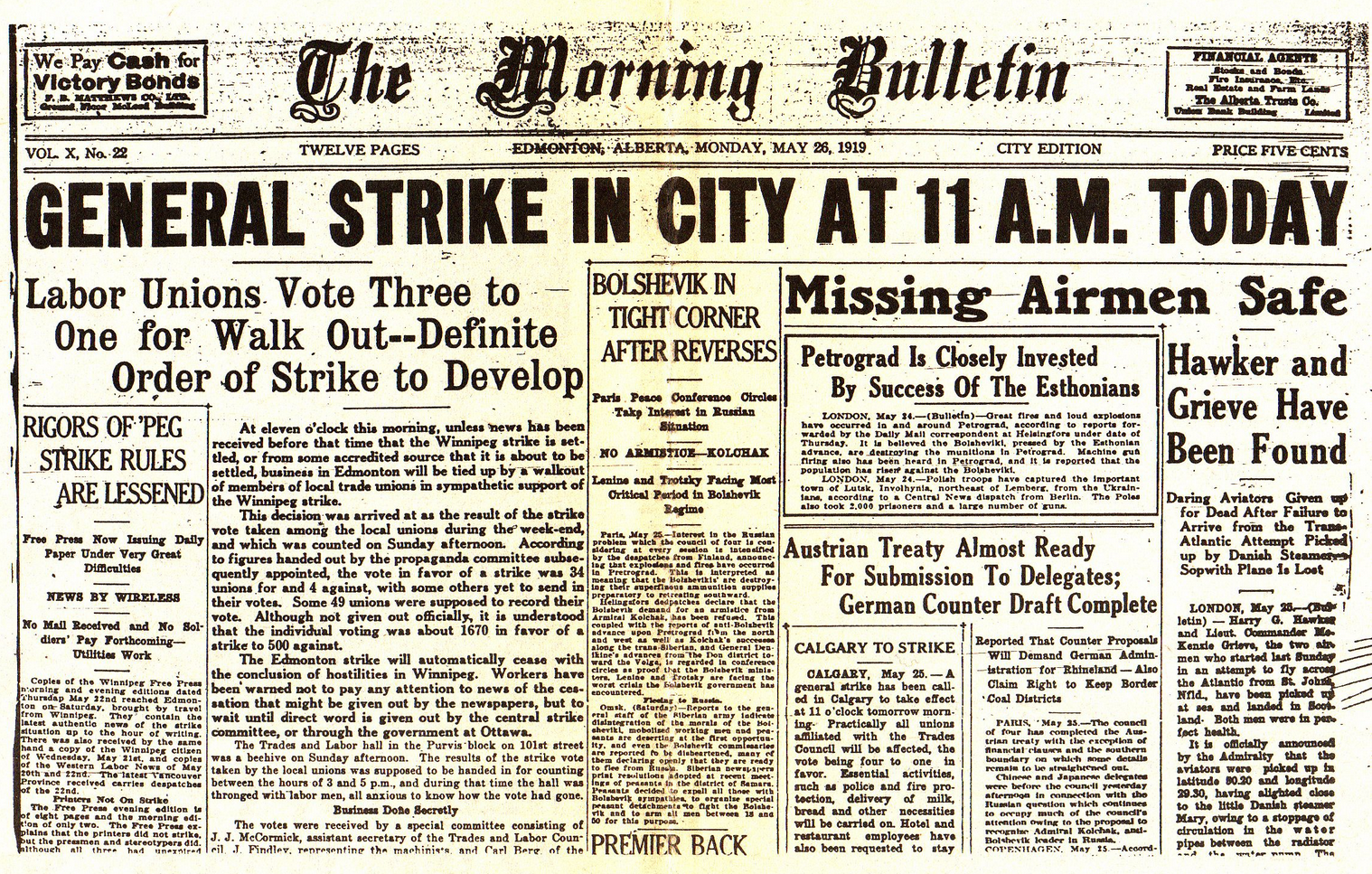 May 26 1919 Newspaper Cover on Winnipeg Strike