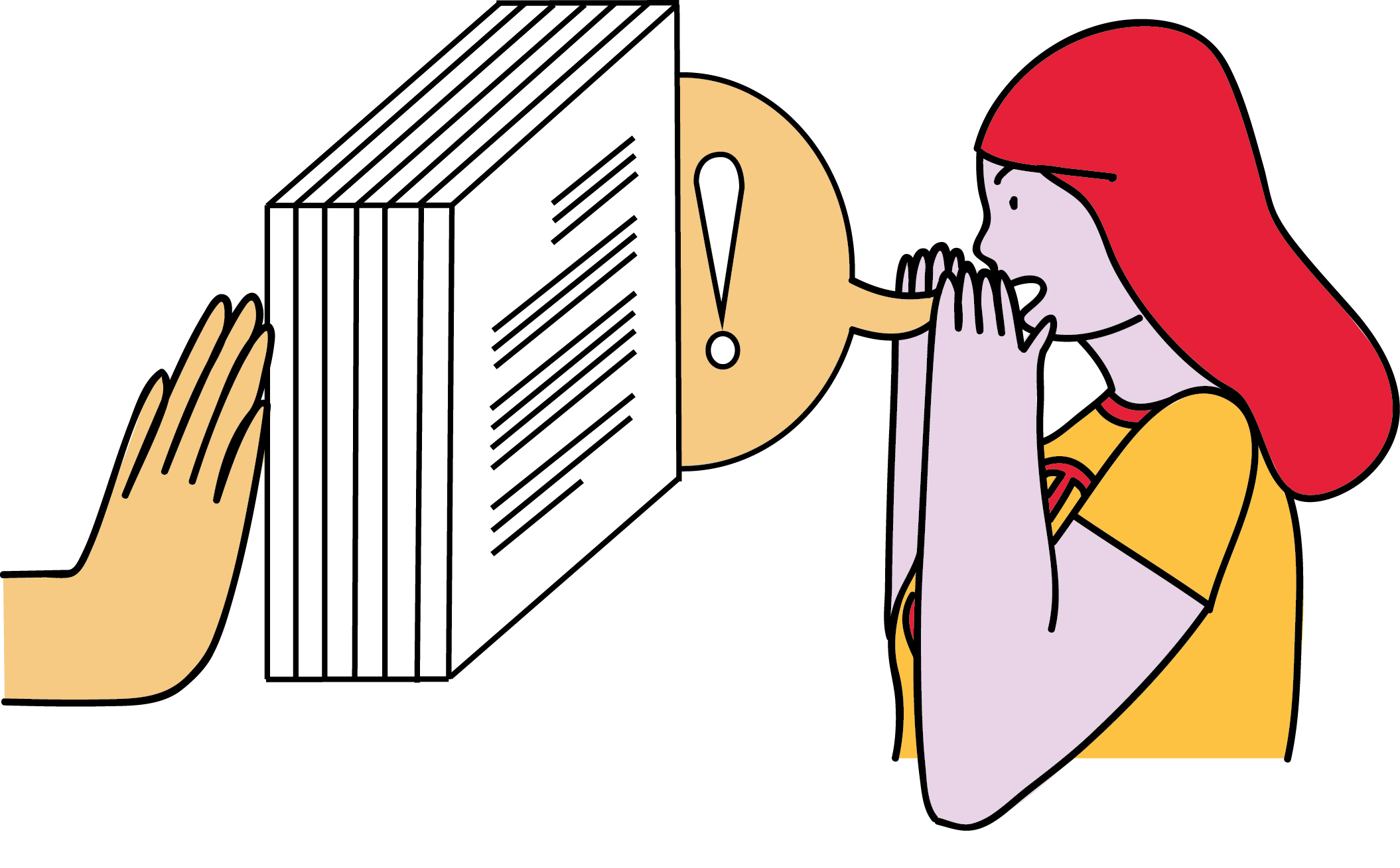 Illustration of woman screeming into a hand pushing paperwork in her face.