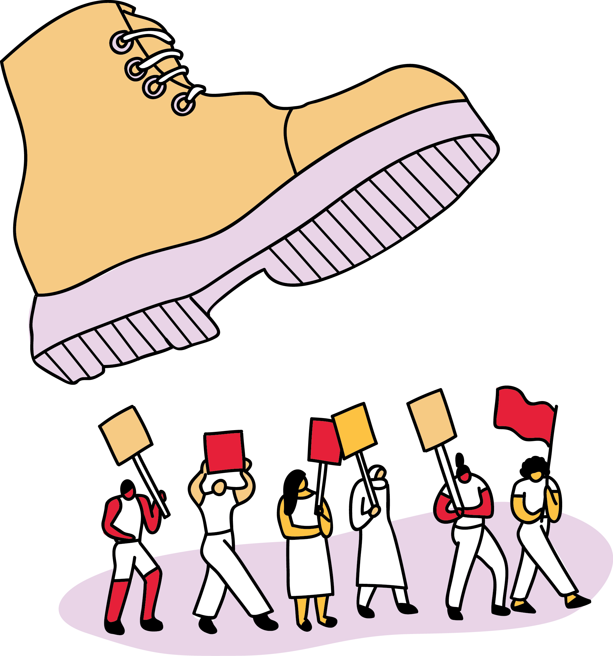 Illustration of a boot about to step on protestors.