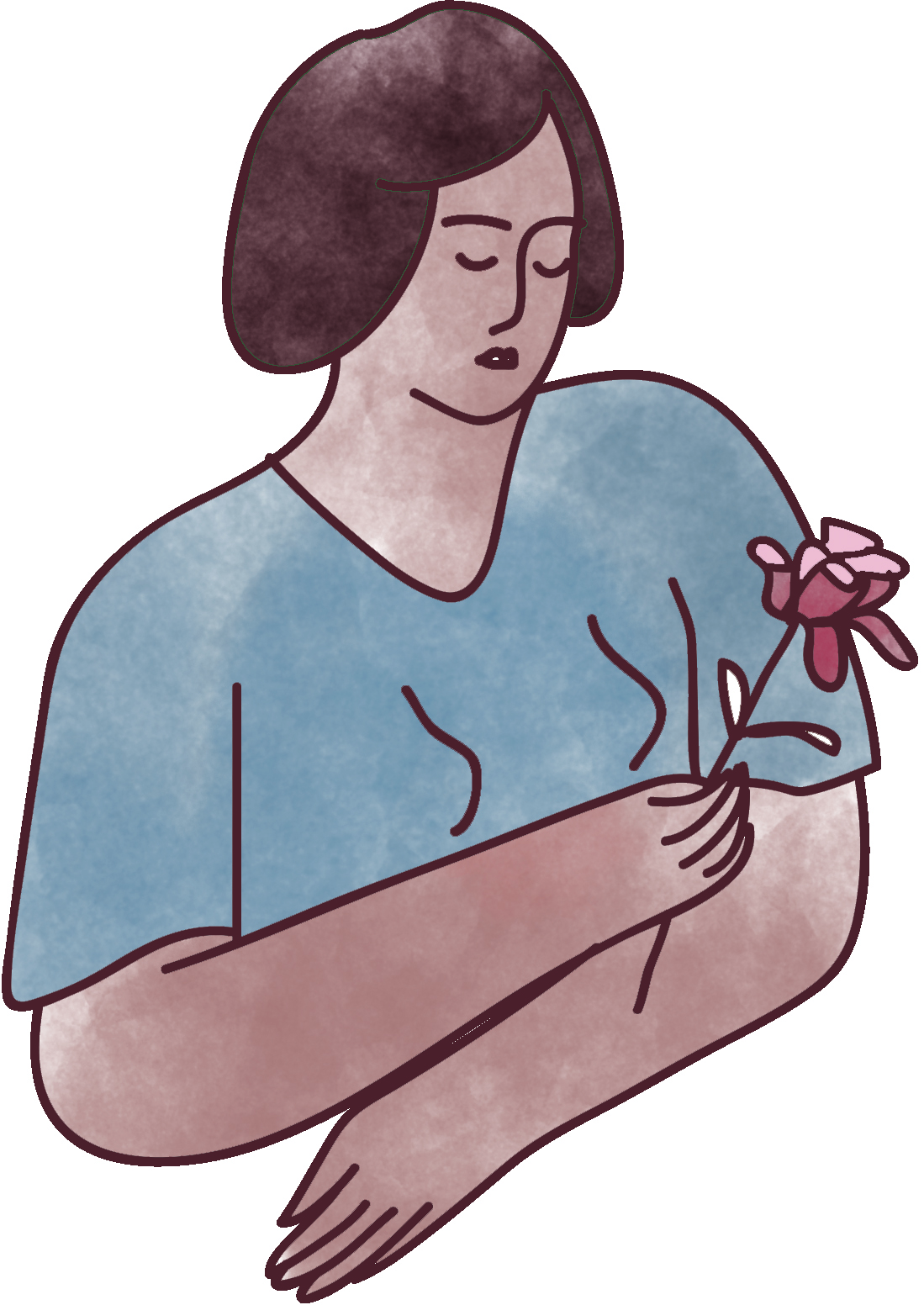 Illustration of woman holding flower, mourning.