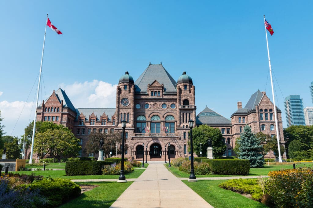 Legislative Assembly of Ontario at Queens Park on a clear Summer day, Toronto.