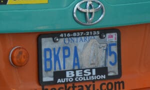 Ontario licence plate on a yellow and teal trunk