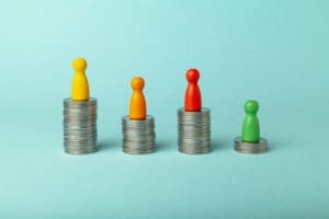 Salary difference between employees. Rich and poor businessman. Wage inequality.