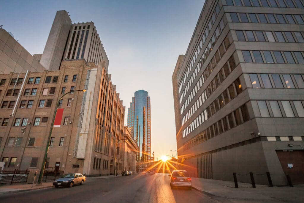 Sunset in the financial district of downtown Winnipeg Manitoba Canada