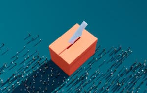 People waiting before an orange colored ballot box on blue background.