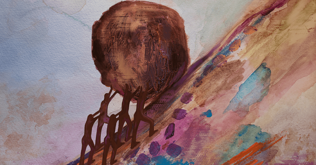 painting of three figures pushing a bolder up a hill.