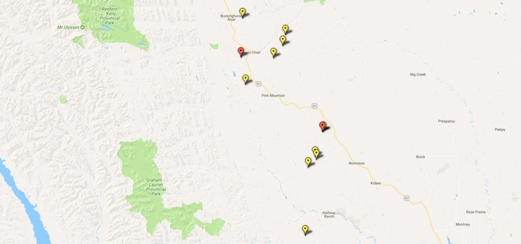 Red markers indicate dams currently being reviewed by the EAO’s office; yellow markers indicate water licences that Progress Energy applied for on December 23 of last year and where dams already existed.