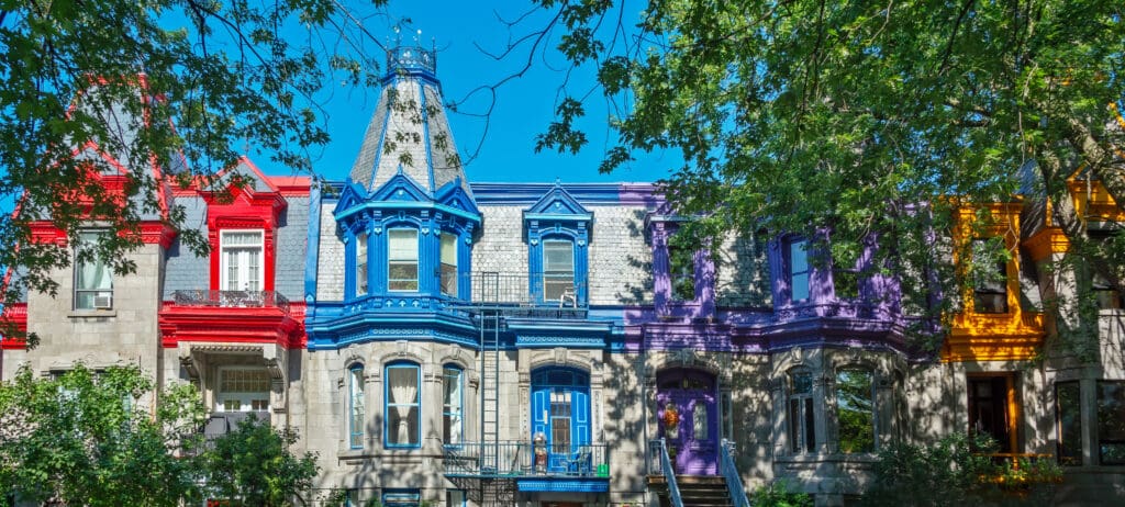 Pannorama of colorful Victorian houses in Le plateau Mont Royal borough in Montreal, Quebec