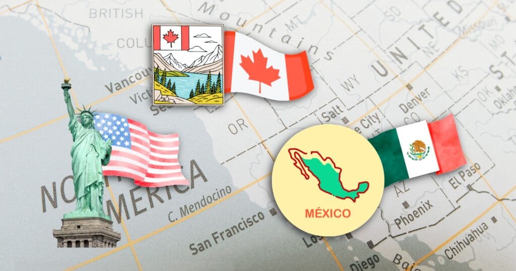 Statue of Liberty with the American flag, Canadian stamp with a canadian flag and a map of Mexico with a Mexican flag on the backdrop of a North American Map