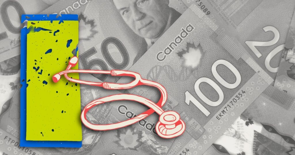 Black and white canadian money as background. Cut out of Saskatchewan map with a stethoscope on top of map.