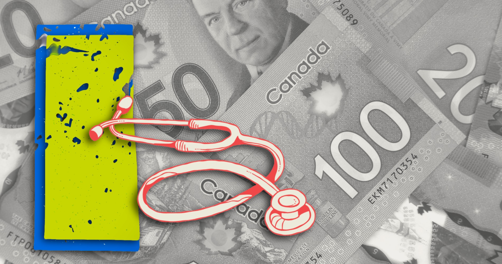 Black and white canadian money as background. Cut out of Saskatchewan map with a stethoscope on top of map.