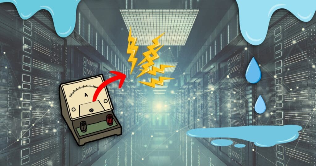 Data centre with water spilling over it and ammeter with high voltage
