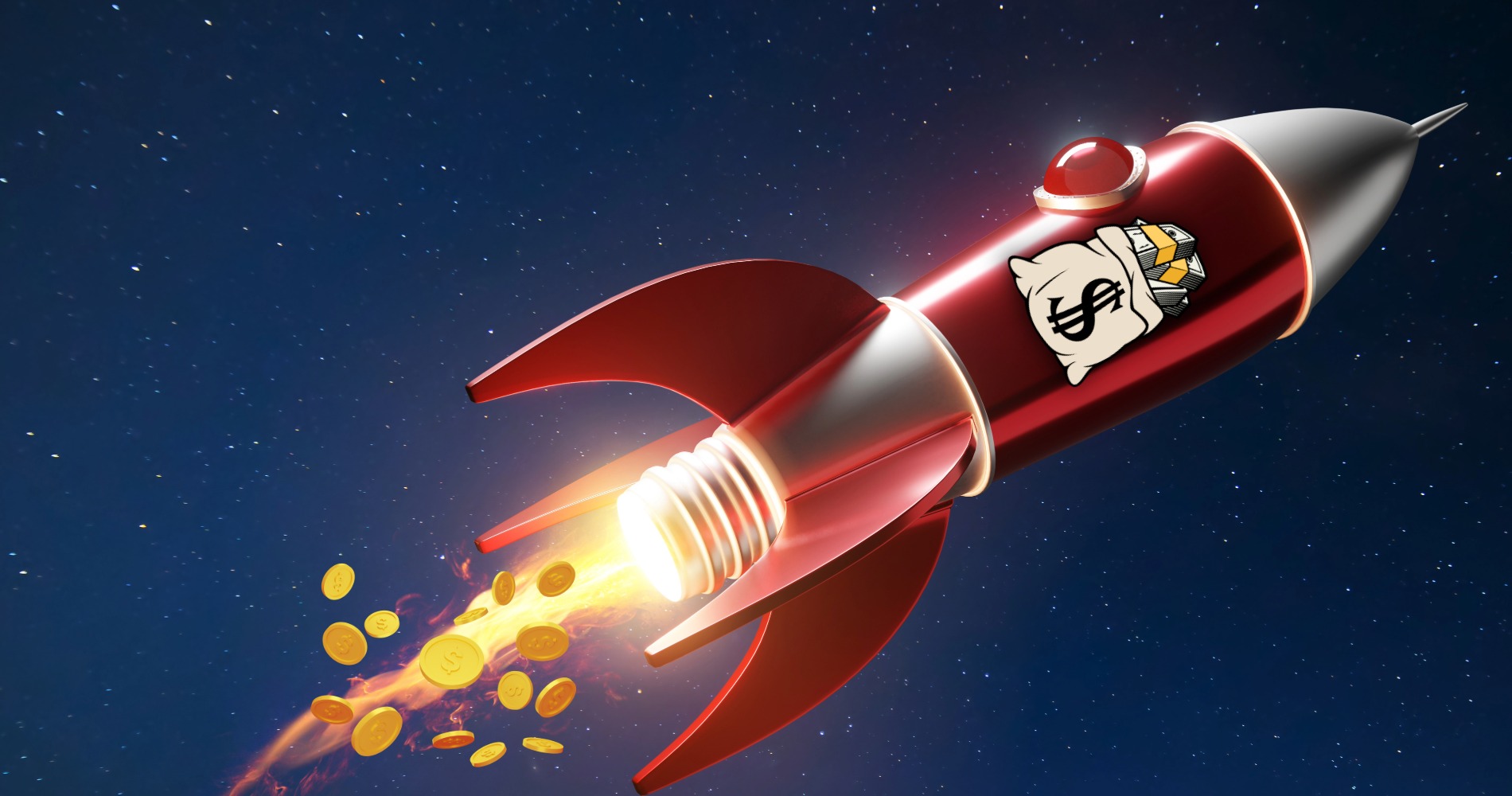 Rocket ship with money falling ot of the tail and money symbol on the front