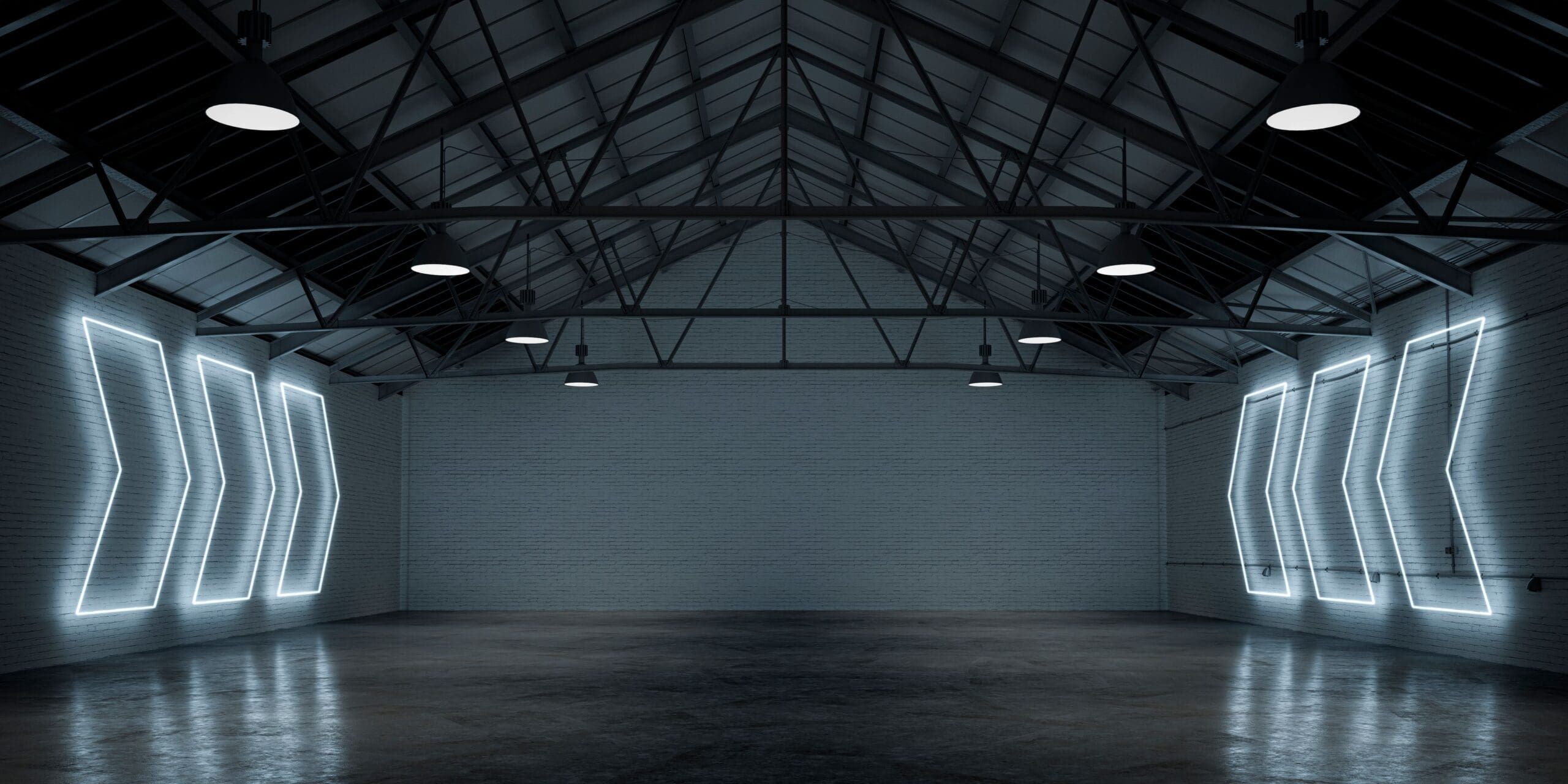 Empty large warehouse interior with cement floor, illuminated by white arrow shaped neon lights from side brick walls. A large blank brick wall background with copy space in the center. 3D rendered image.