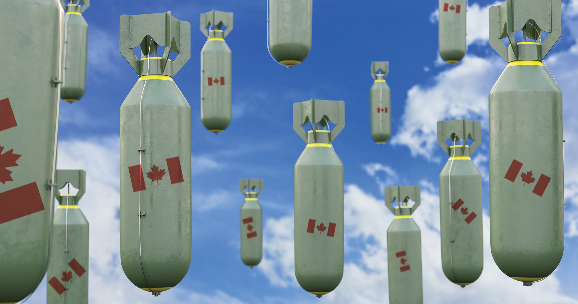Bombs falling through the air with the Canadian flag roughly drawn on the side of each one