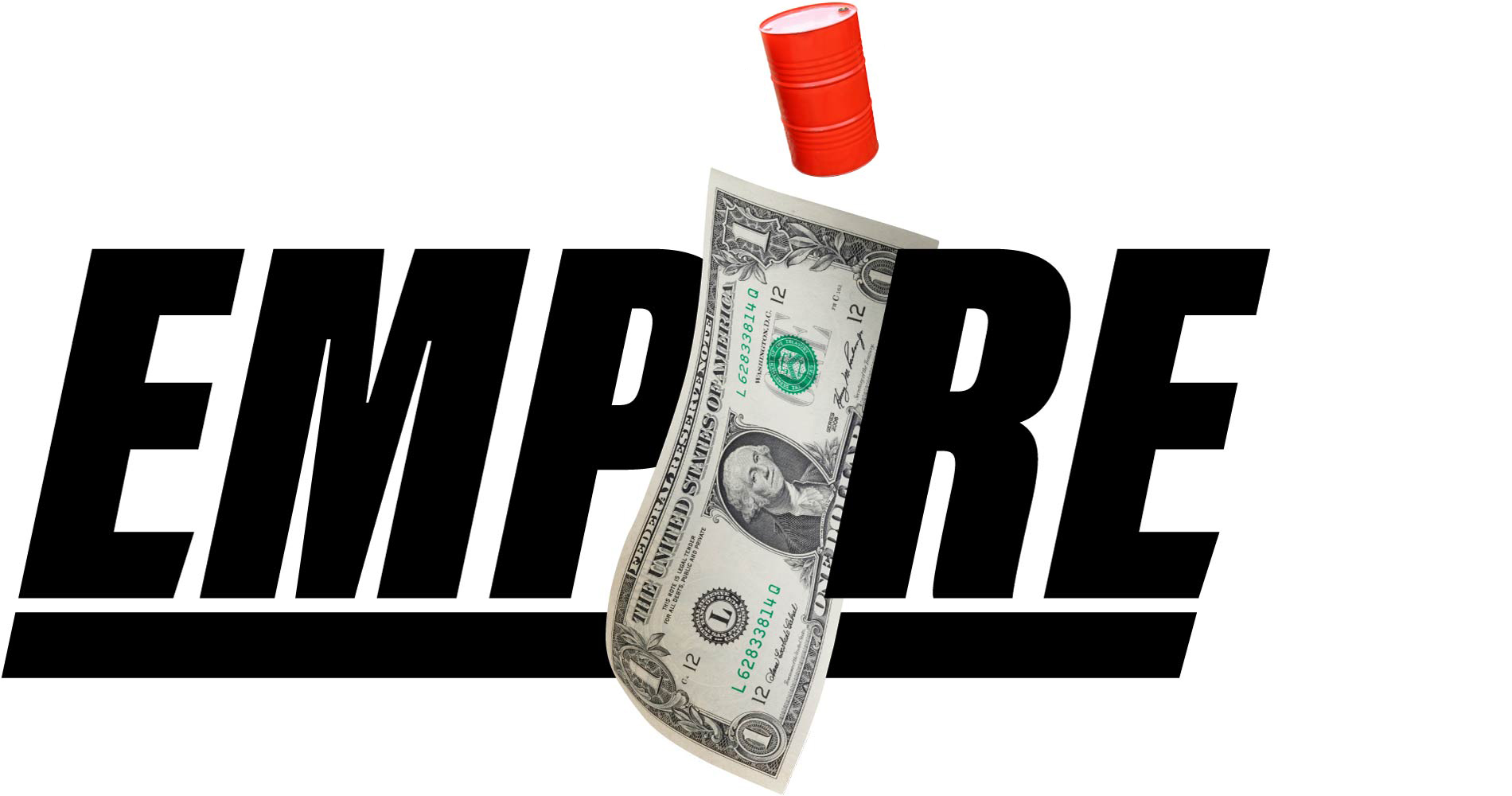 The word Empire constructed with an American bill and an oil barrel in place of one letter
