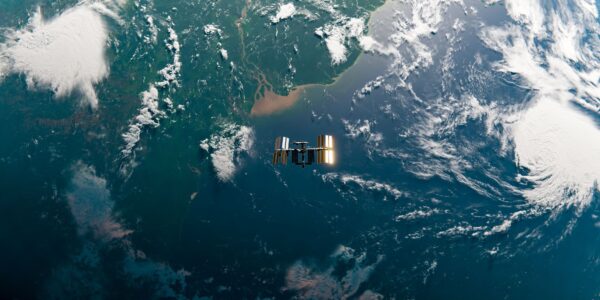 ISS orbiting over the end of the Amazon River. Top down view.
Planet map and ISS model from NASA: https://eoimages.gsfc.nasa.gov/images/imagerecords/74000/74192/world.200411.3x21600x21600.D2.png
https://solarsystem.nasa.gov/resources/2378/international-space-station-3d-model/
Tools and software used: Blender 2.8