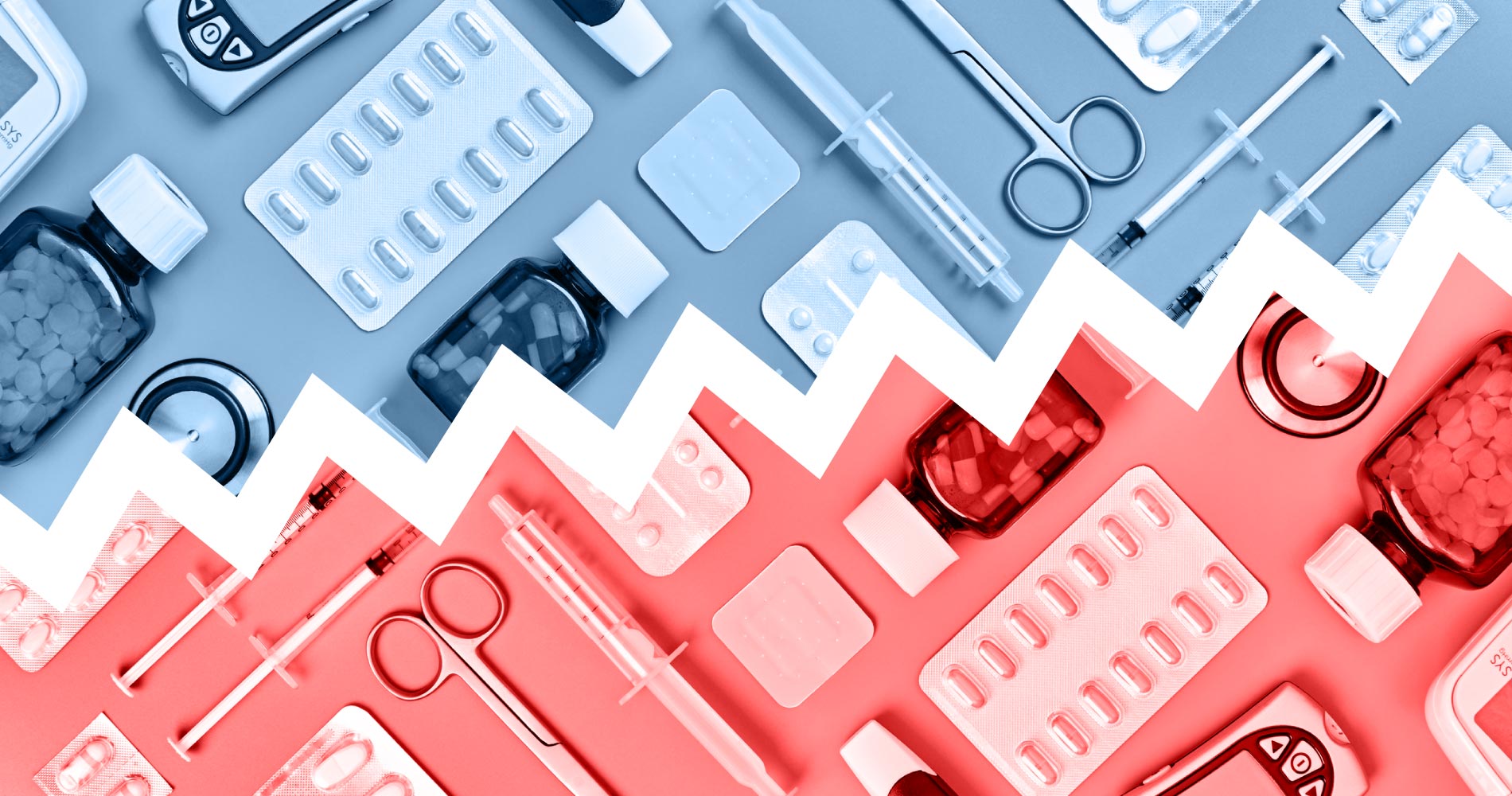 A variety of medical tools and medicine arranged on a plain background with a line drawn through it depicting the contrast between public and private health spending