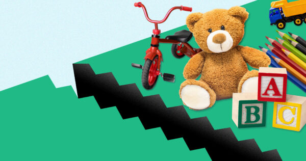 Illustration of a number of toys for young kids separated from the viewer by a deep chasm in the ground