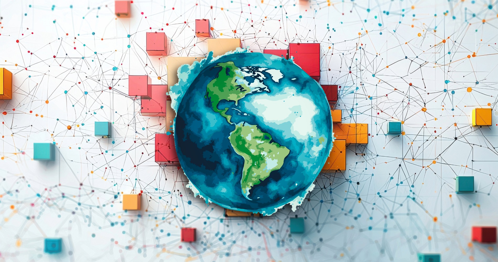 Planet earth on top of mapped pins and strings and boxes