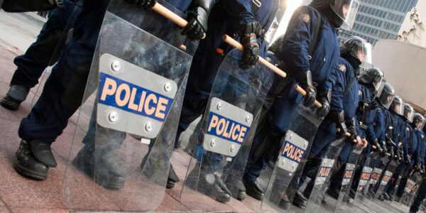 Toronto, Ontario, Canada. June 6th, 2010: Riot police standing guard at the 2010 G-20 Toronto summit in the financial district.