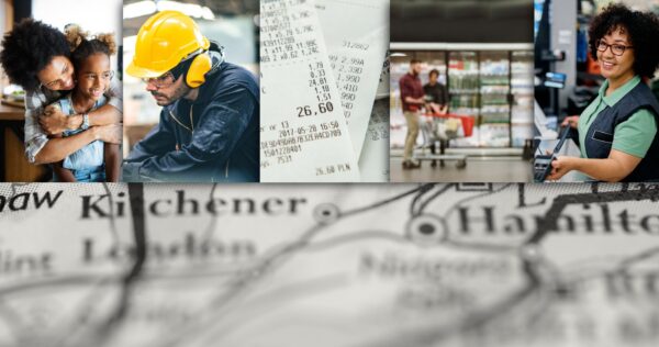 Family, workers, grocery store and clerks on top of map of Ontario