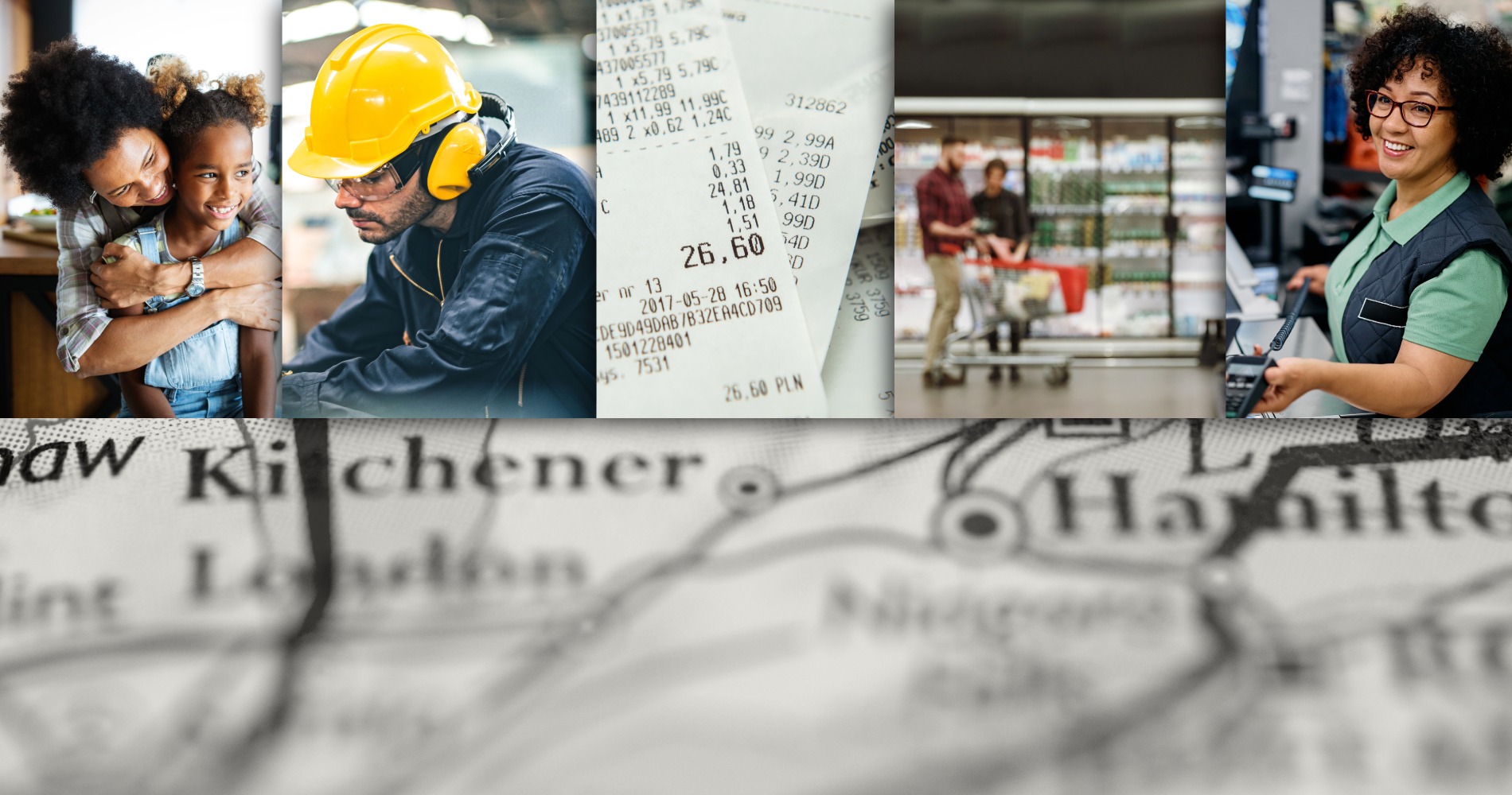 Family, workers, grocery store and clerks on top of map of Ontario