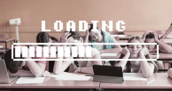 Kids in a classroom look bored and distracted as a large digital "LOADING..." sign appears over top