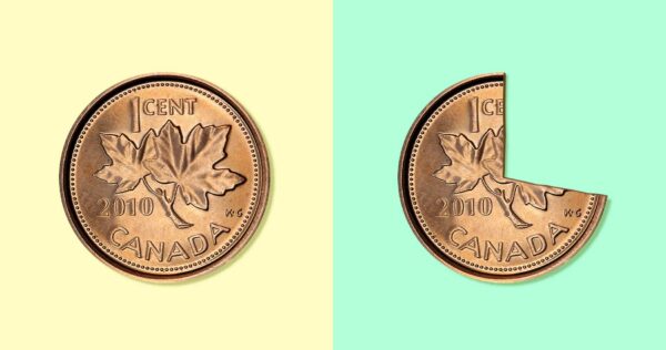 Two pennies side by side, one whole and the other with more than a quarter missing to represent what women earn compared with men in Canada
