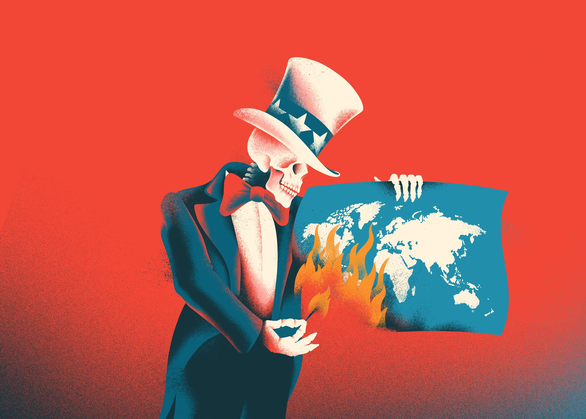 A skeleton in an Uncle Sam hat sets fire to a map of the world