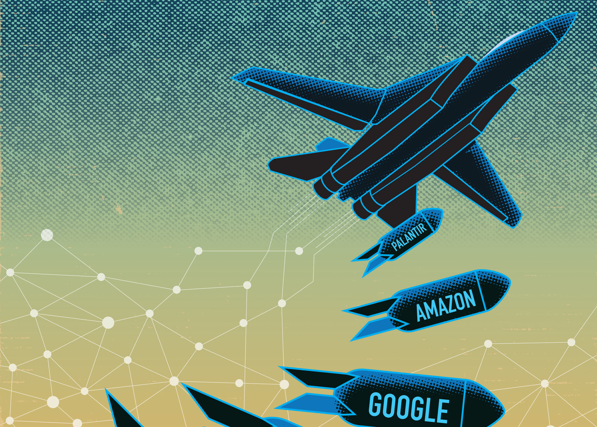 A warplane drops bombs labelled with the names of major U.S. digital companies like Amazon and Google
