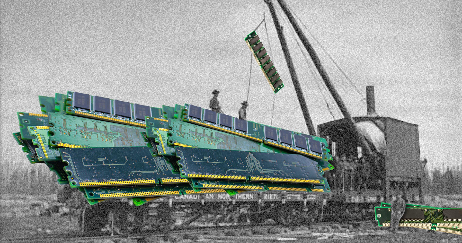 A montage showing people loading a train car in Canada in the 1800s with computer RAM