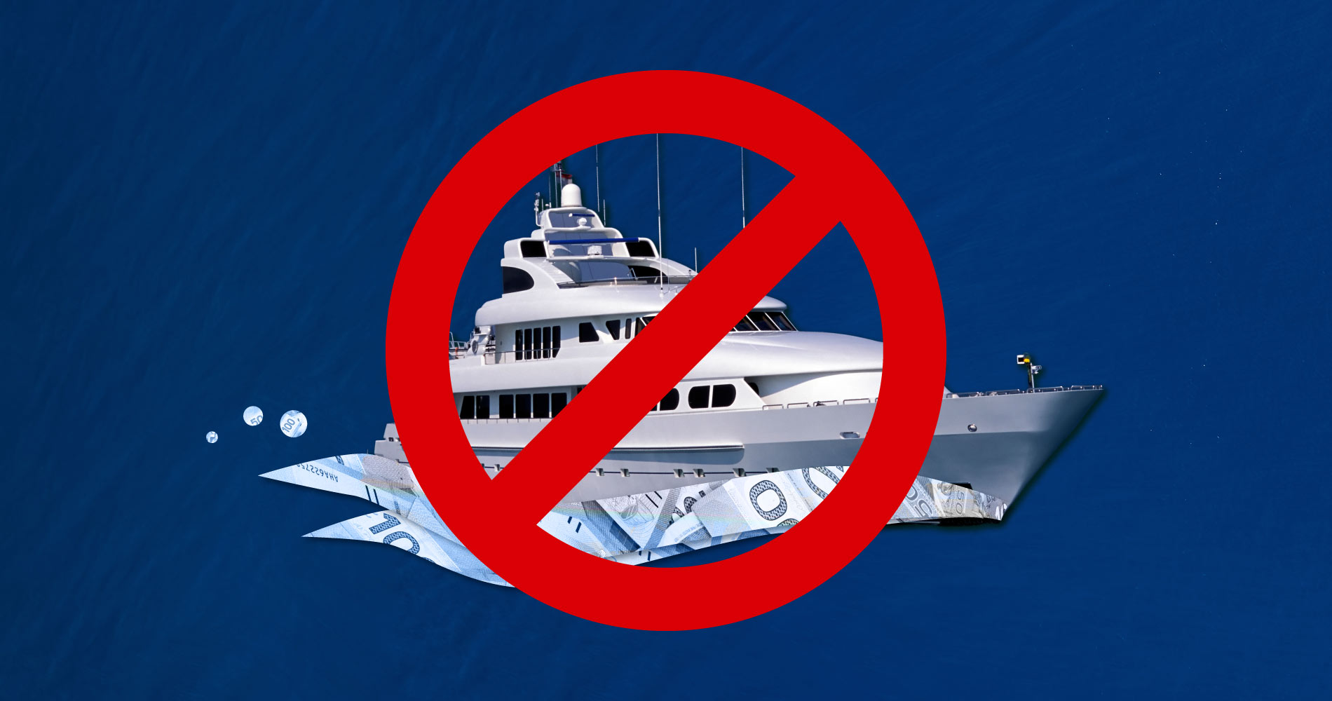 A luxury yacht with a large red slashed circle around it